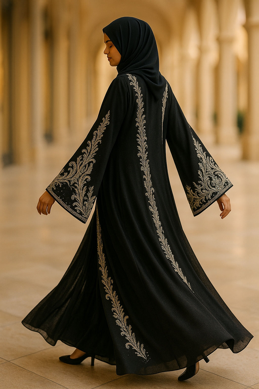 Luxury Dubai-Style Black Abaya with Silver Embroidery – Premium Modest Fashion